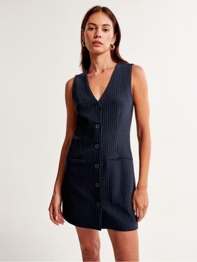 Sleeveless Navy Pinstripe Button-Front Dress